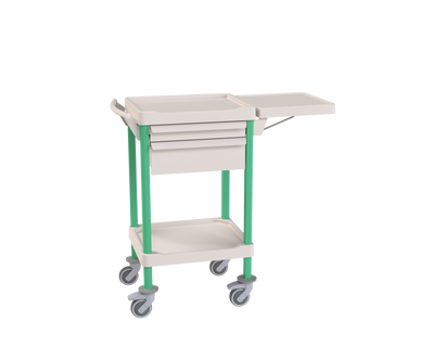 Chariot médical compact pour soins et procédures avec tablette rabattable et deux tiroirs (modèle 1003.05T05)
