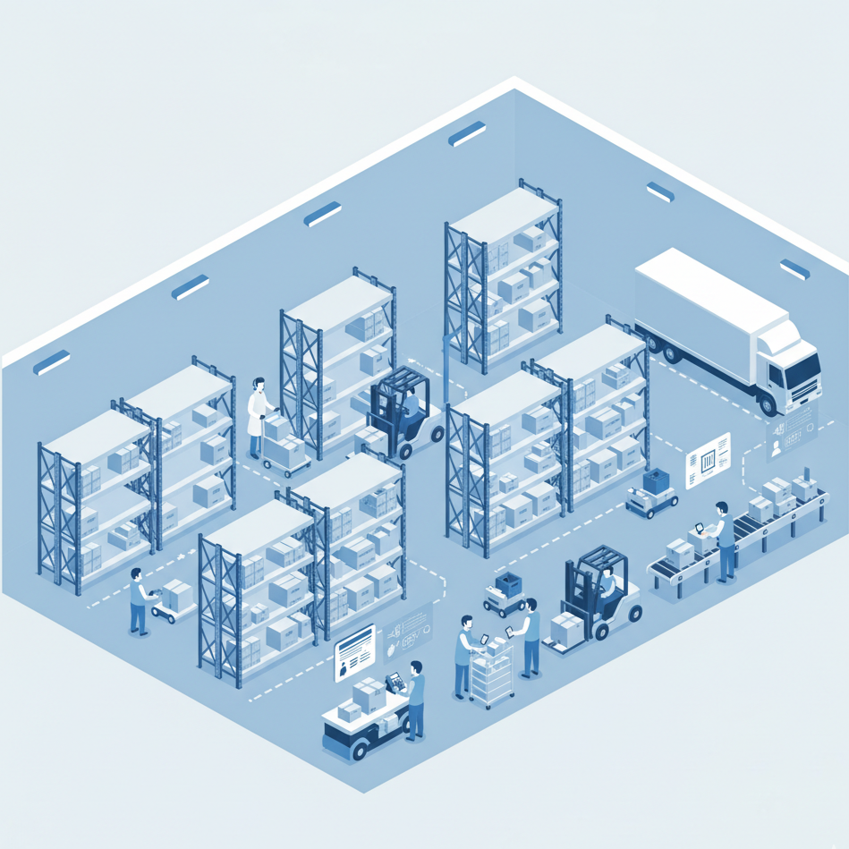 Isometric illustration of a warehouse with shelves, workers, and a truck on a light blue background