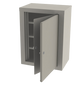 Gray wall-mounted cabinet with open door on a white background