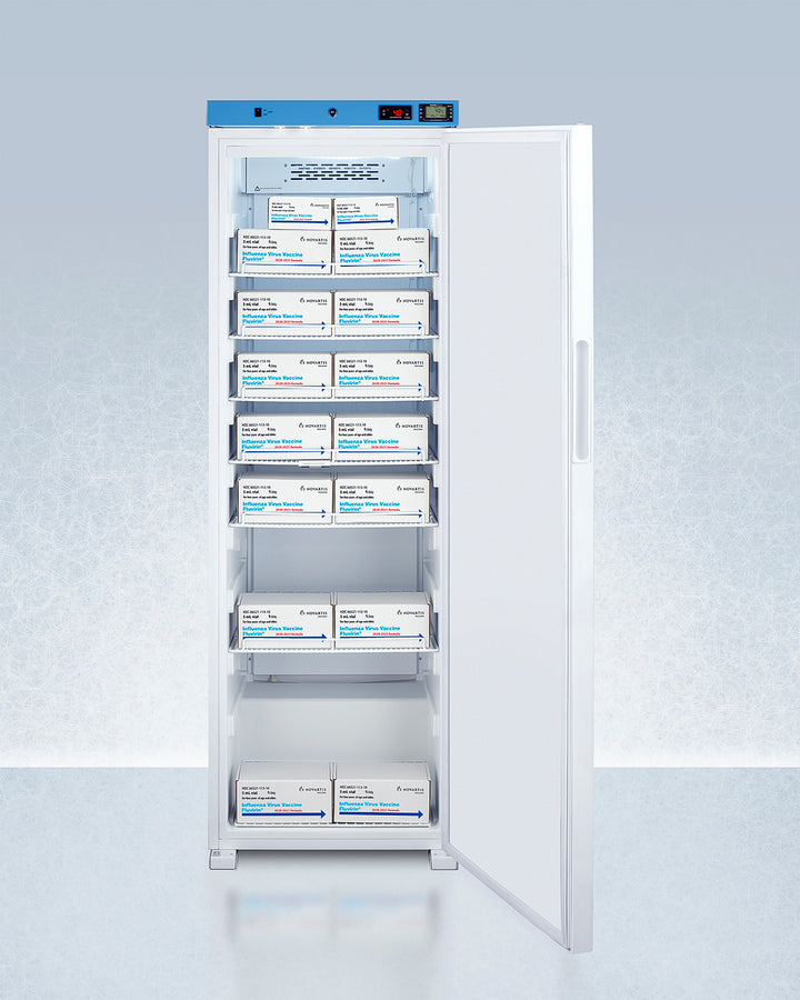 Commercial refrigerator with open door displaying labeled boxes on shelves against a light gray background
