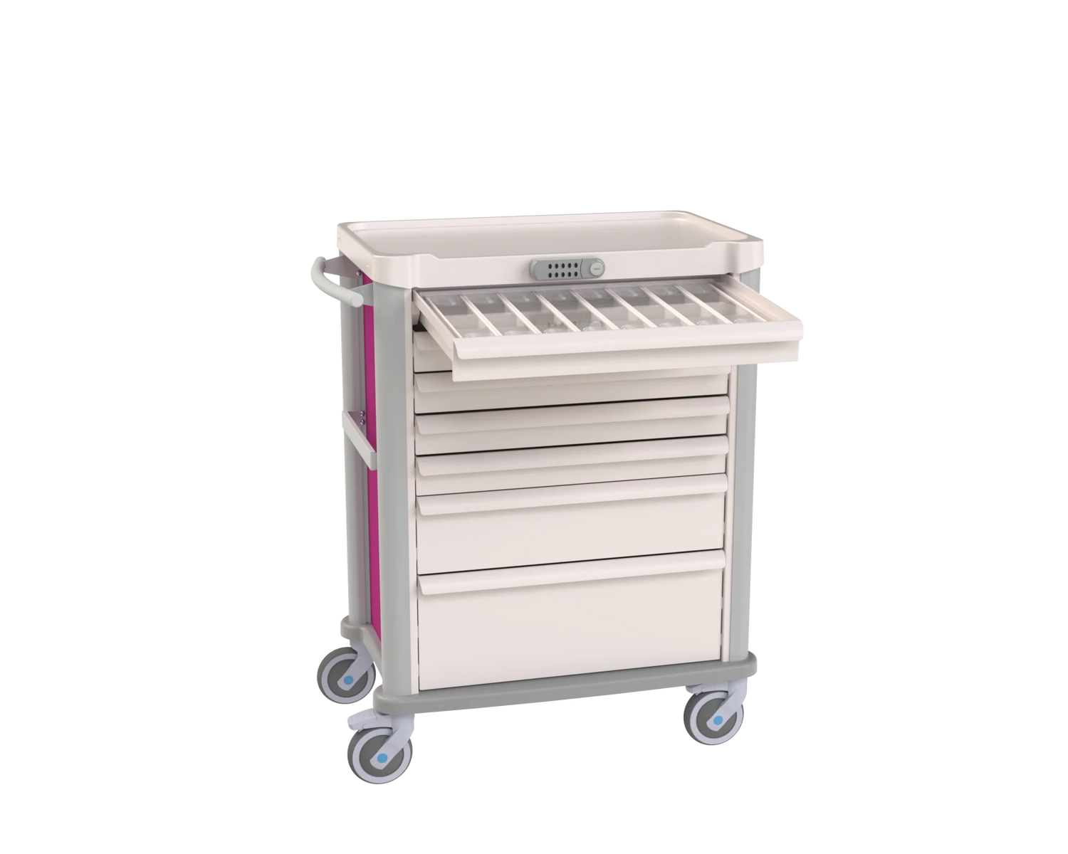 Medication Cart with first drawer open to show medication seperators