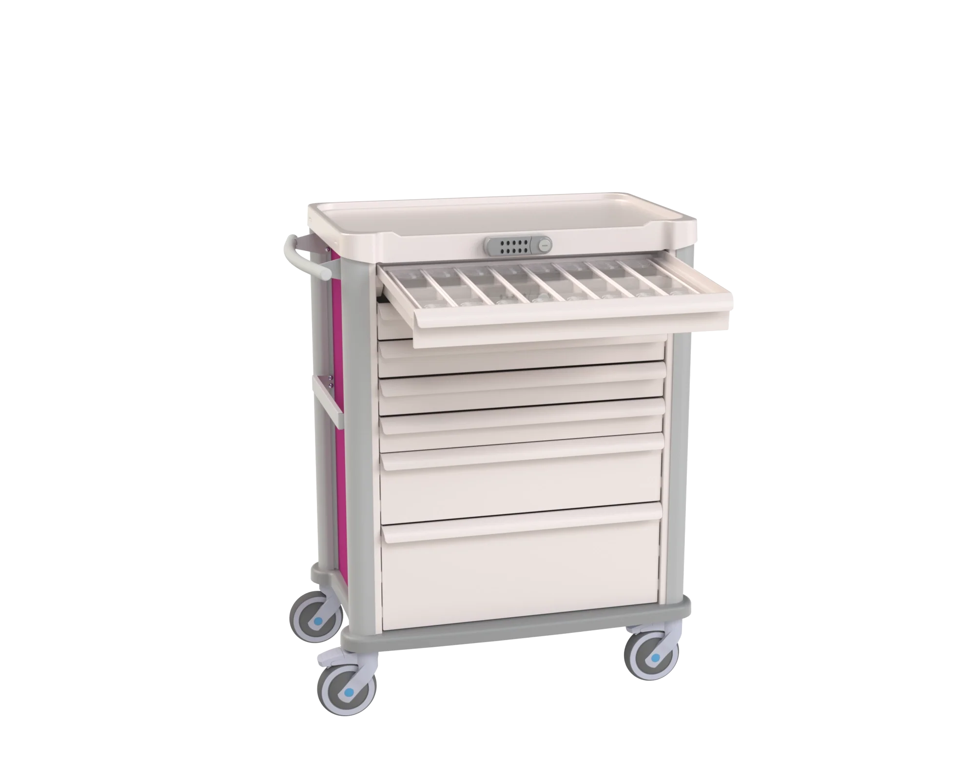 Medication Cart with first drawer open to show medication seperators