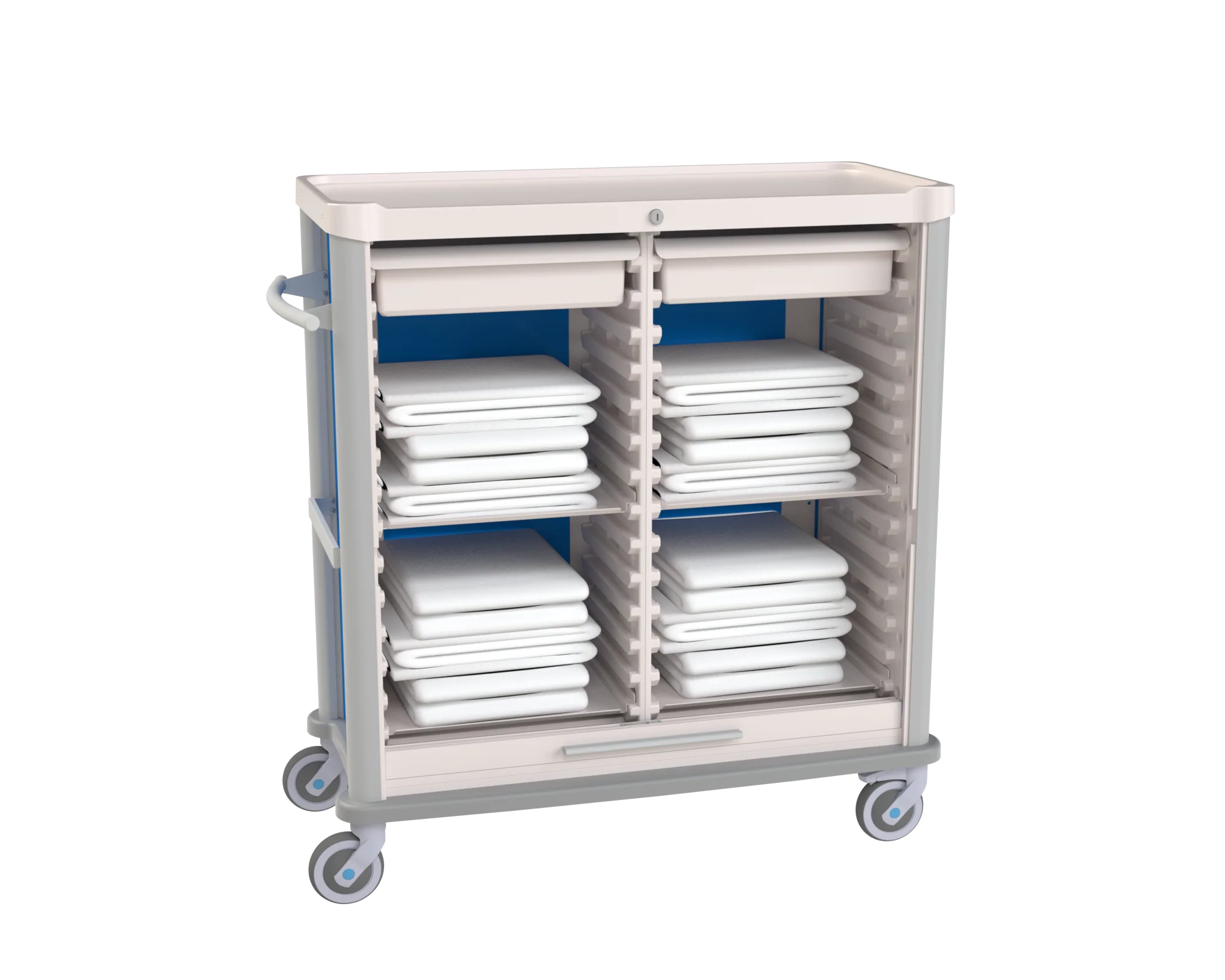 Double Size Linen Cart Open Shutter for inside view of stored blankets
