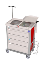 Medical cart with drawers and a small inset showing a digital display.