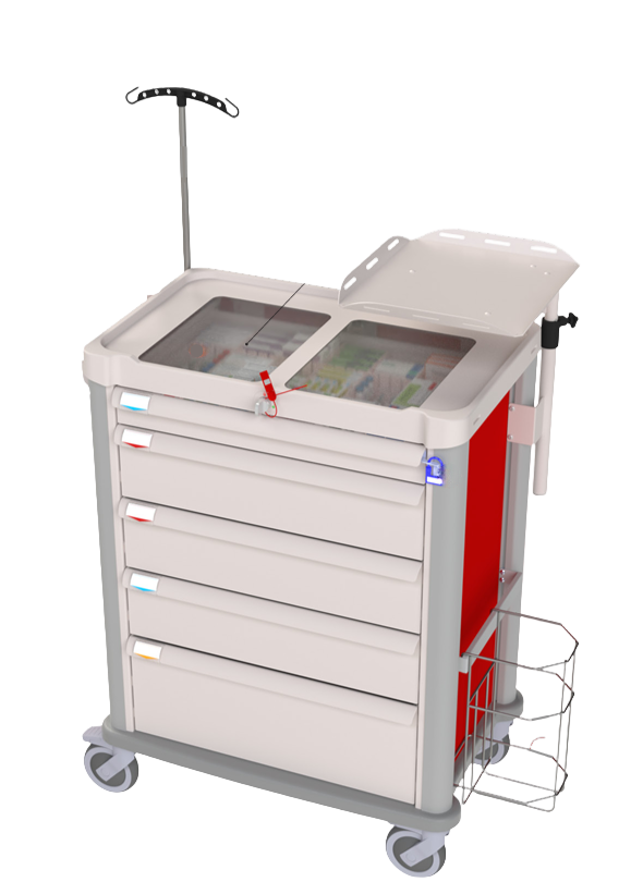 Medical cart with drawers and a small inset showing a digital display.