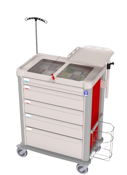 Medical cart with drawers and a small inset showing a digital display.