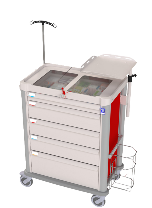Medical cart with drawers and a small inset showing a digital display.