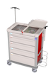Medical cart with drawers and a small inset showing a digital display.