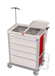 Medical cart with drawers and a small inset showing a digital display.