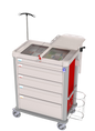 Medical cart with drawers and a small inset showing a digital display.