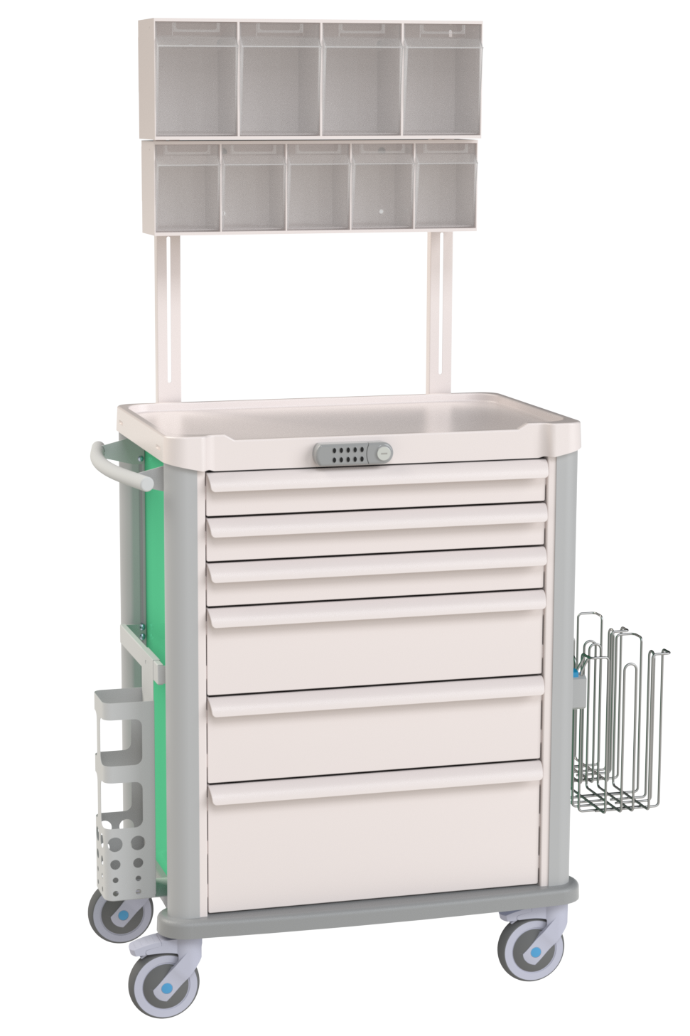 Medical cart with drawers and shelves on a white background