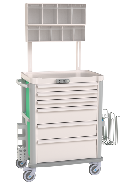 Medical cart with drawers and shelves on a white background