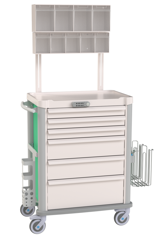 Medical cart with drawers and shelves on a white background