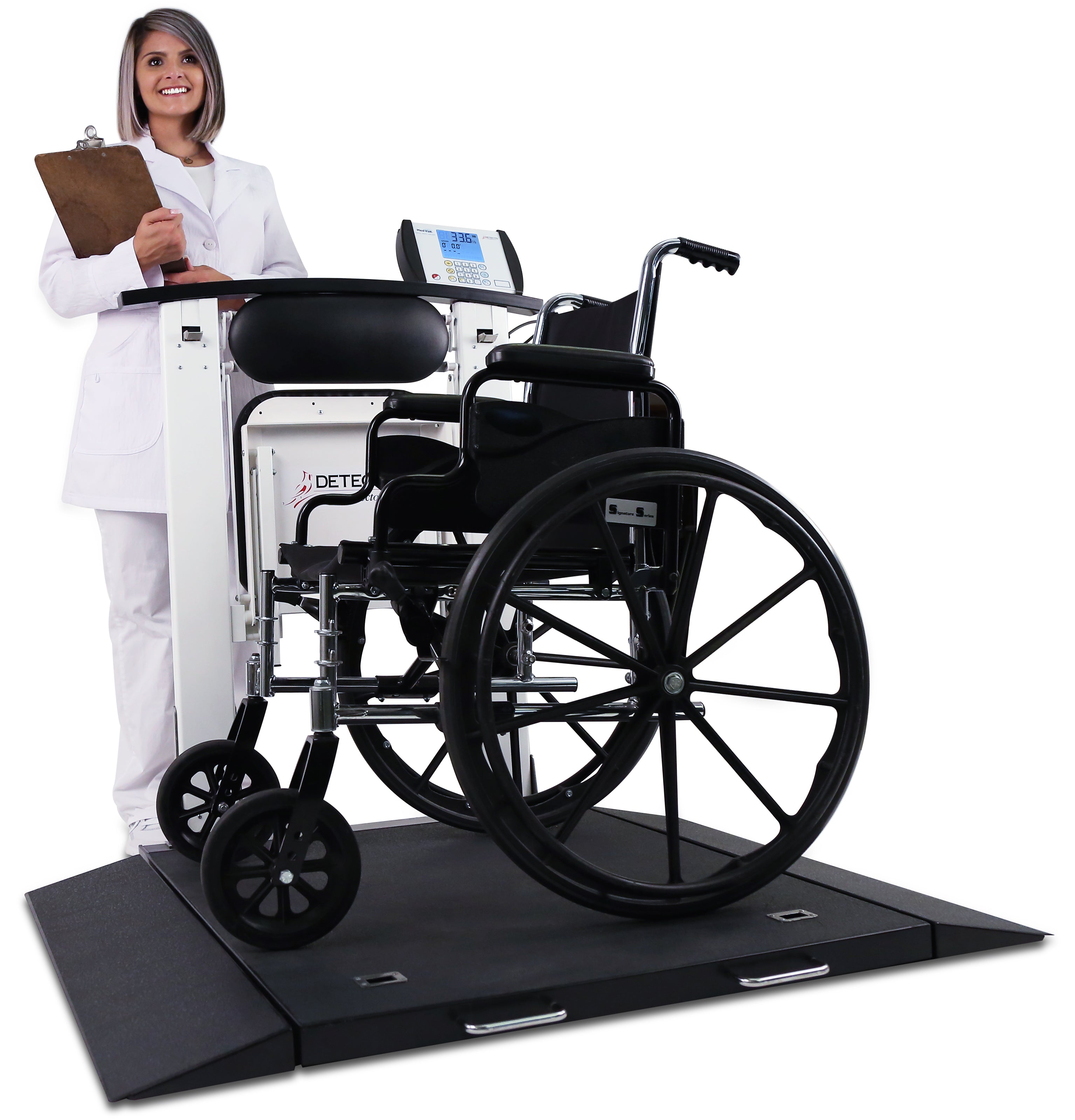 3-in-1 Portable Wheelchair Scale with Fold-Up Seat & Handrail | 1,000 lb Capacity