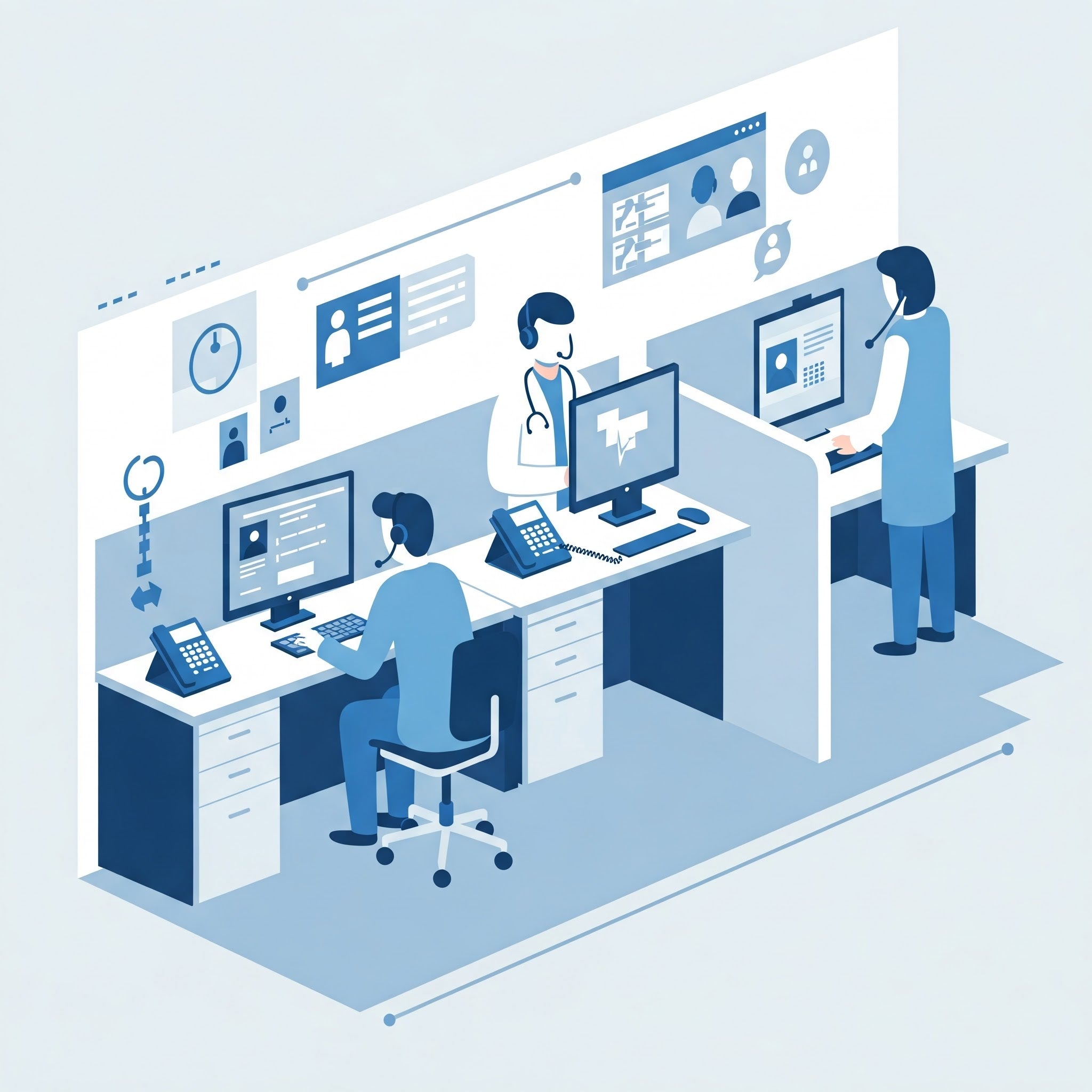 Illustration of a modern office with people working at desks with computers.
