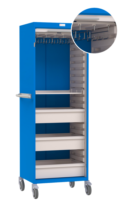 Blue and white tool cabinet with multiple drawers on wheels, close-up of handle detail.