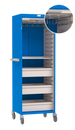 Blue and white tool cabinet with multiple drawers on wheels, close-up of handle detail.