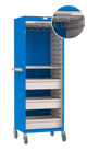 Blue and white tool cabinet with multiple drawers on wheels, close-up of handle detail.