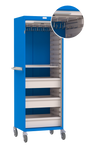 Blue and white tool cabinet with multiple drawers on wheels, close-up of handle detail.