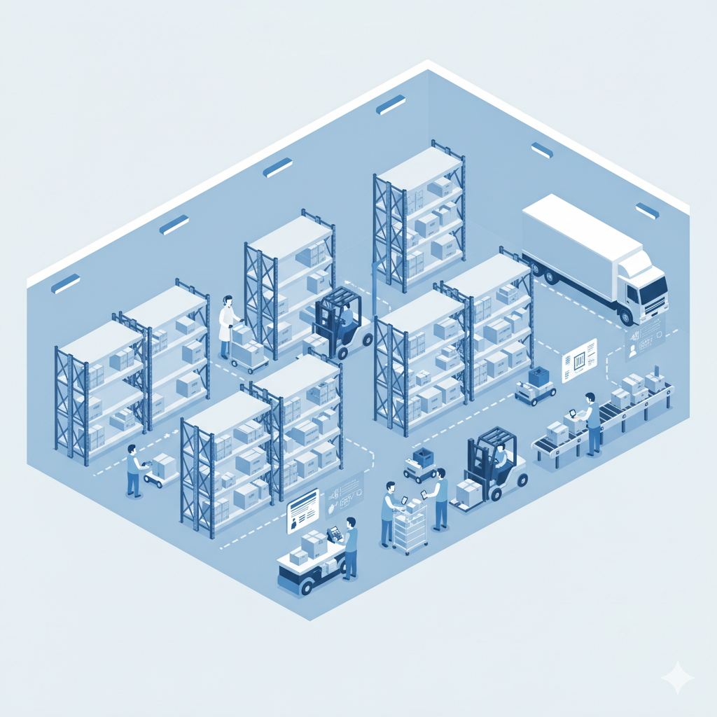 Isometric illustration of a warehouse with shelves, workers, and a truck on a light blue background
