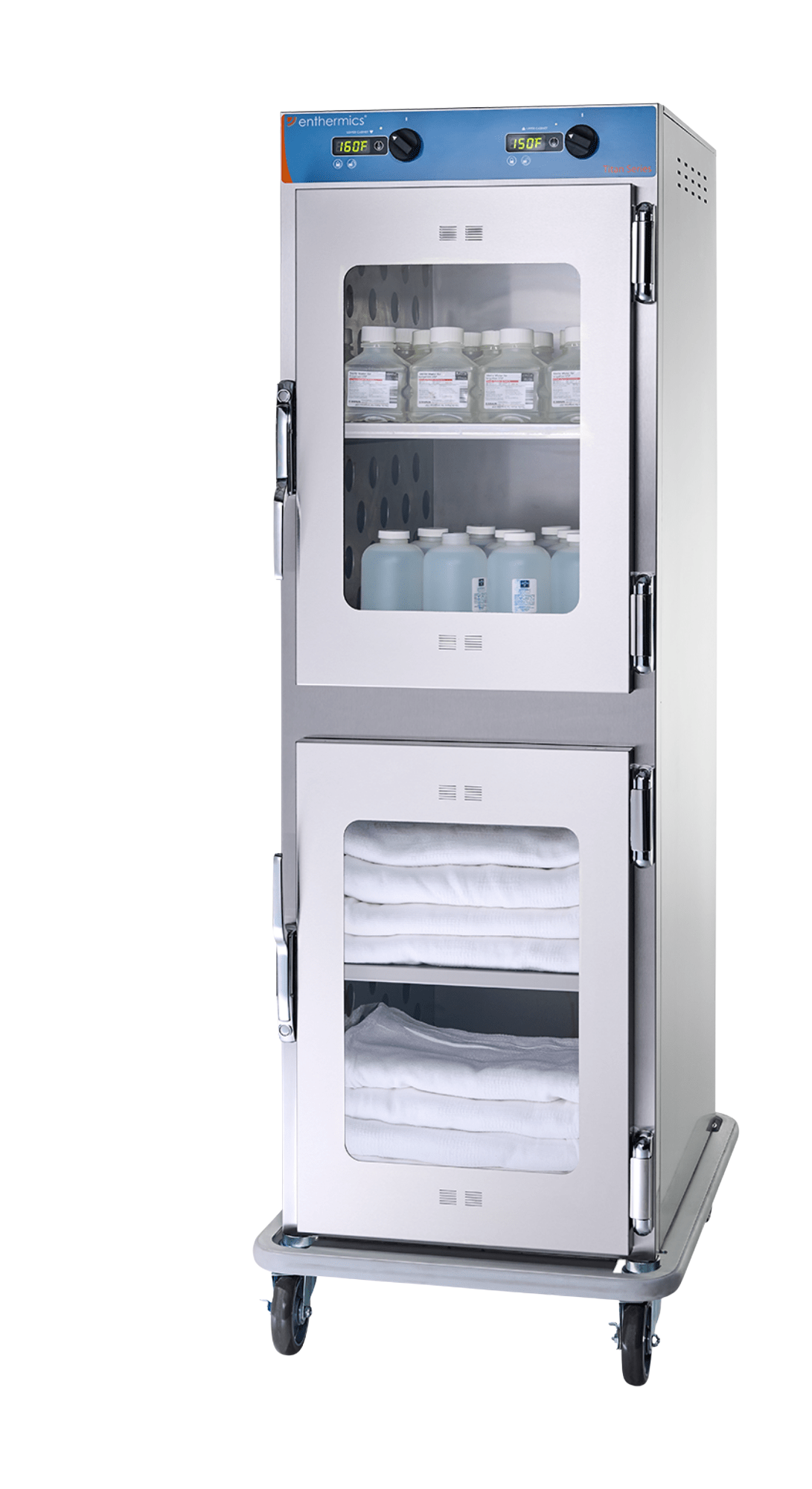 Two-layered industrial warmer with shelves on a white background