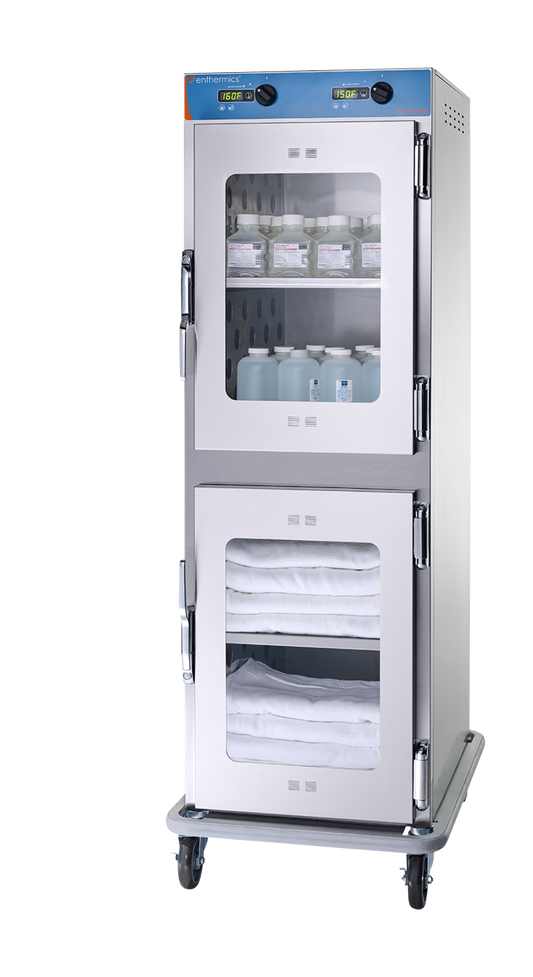 Two-layered industrial warmer with shelves on a white background