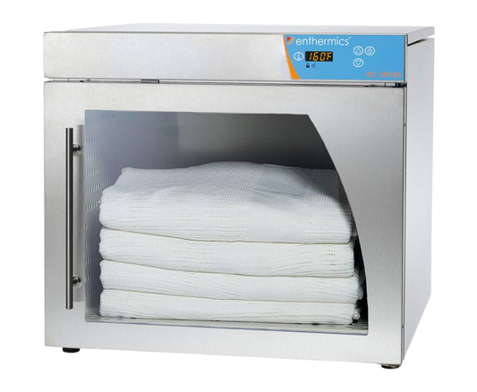 Enthermics warmer with folded white cloths inside on a white background
