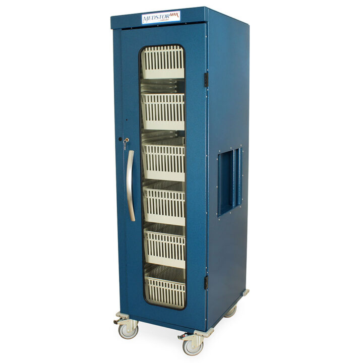 Chariot médical à une colonne avec porte vitrée et serrure à clé