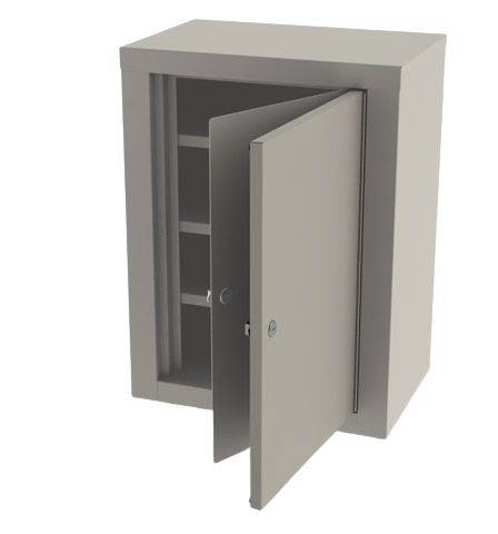 Gray wall-mounted cabinet with open door on a white background