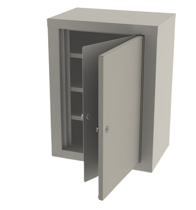 Gray wall-mounted cabinet with open door on a white background