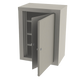 Gray wall-mounted cabinet with open door on a white background