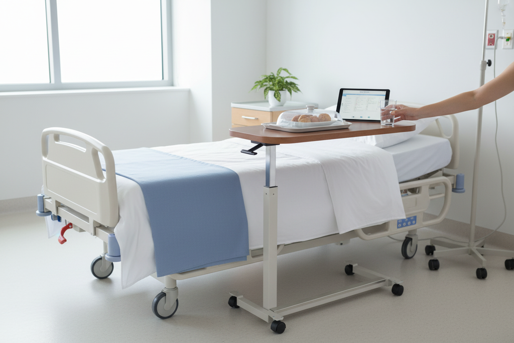 Low-Profile Overbed Table in Patient Room